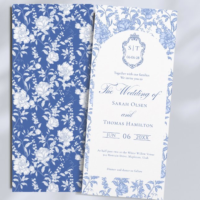 Delft Blue Floral Chinoiserie Monogram Wedding Invitation (Creator Uploaded)