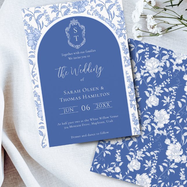 Delft Blue Floral Chinoiserie Monogram Wedding Invitation (Creator Uploaded)