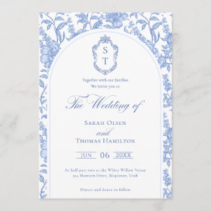 Delft Blue Floral Chinoiserie Monogram Wedding Invitation