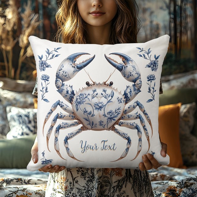 Delft Blue Floral Crab Coastal Rustic Beach House Cushion (Creator Uploaded)