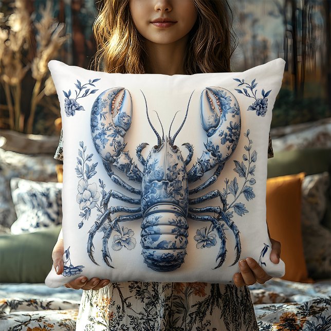 Delft Blue Floral Crab Coastal Rustic Beach House Cushion (Creator Uploaded)