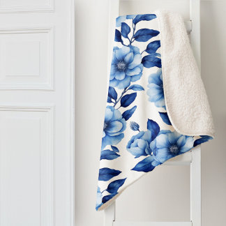 Delft Blue Floral Roses Sherpa Blanket
