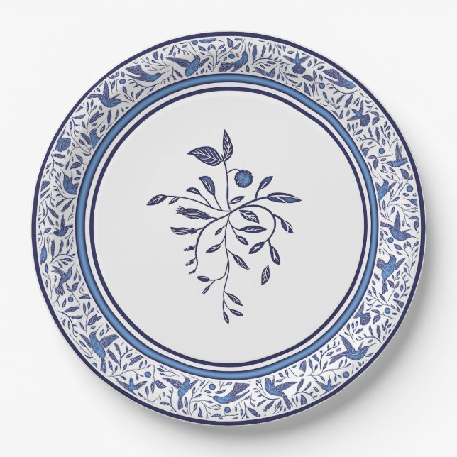 Delft Blue Humming Birds will Impress Your Guests Paper Plate (Front)
