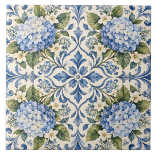 Delft Blue Hydrangea Floral Ceramic Tile