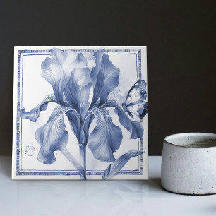 Delft Blue Iris Wall Decor Art Nouveau Watercolor Tile