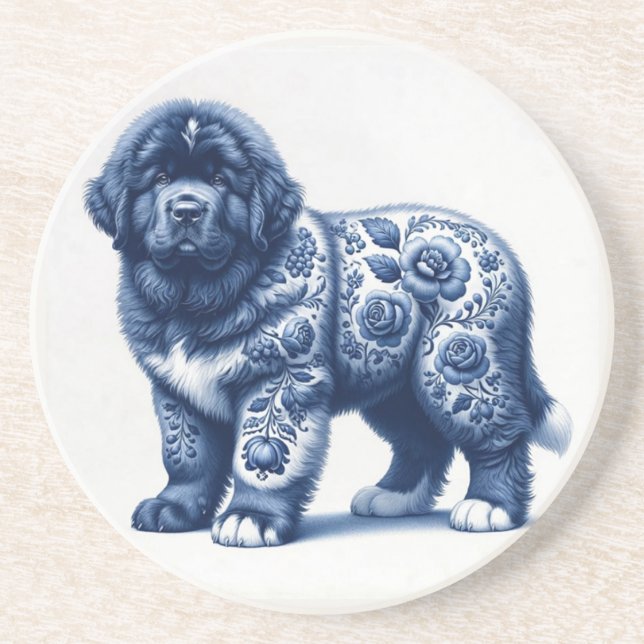 Delft Blue Newfoundland Puppy Coaster (Front)