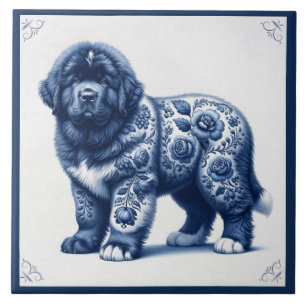 Delft Blue Newfoundland Puppy Tile