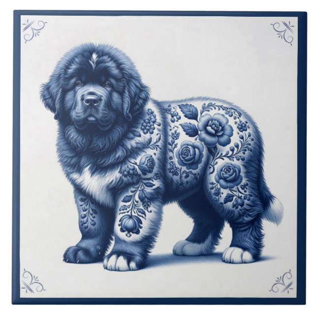 Delft Blue Newfoundland Puppy Tile (Front)