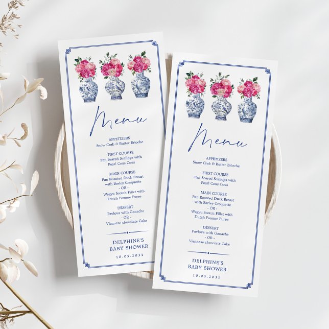 Delft Blue Pink Chinoiserie Porcelain Menu Card (Creator Uploaded)