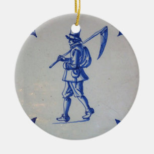 Delft Blue Tile - Mower Carrying Scythe or Sickle Ceramic Tree Decoration