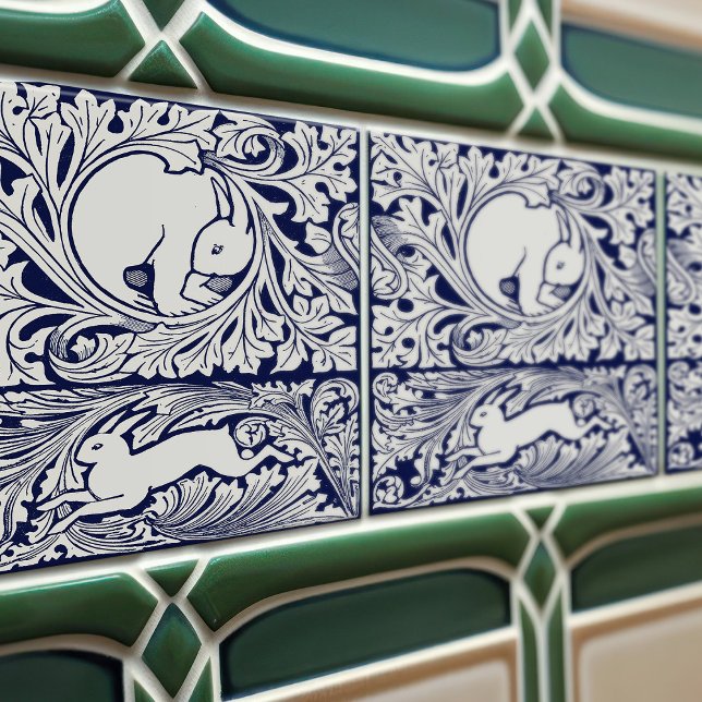 Delft Blue Victorian Hares Arts Crafts Movement Tile (Creator Uploaded)