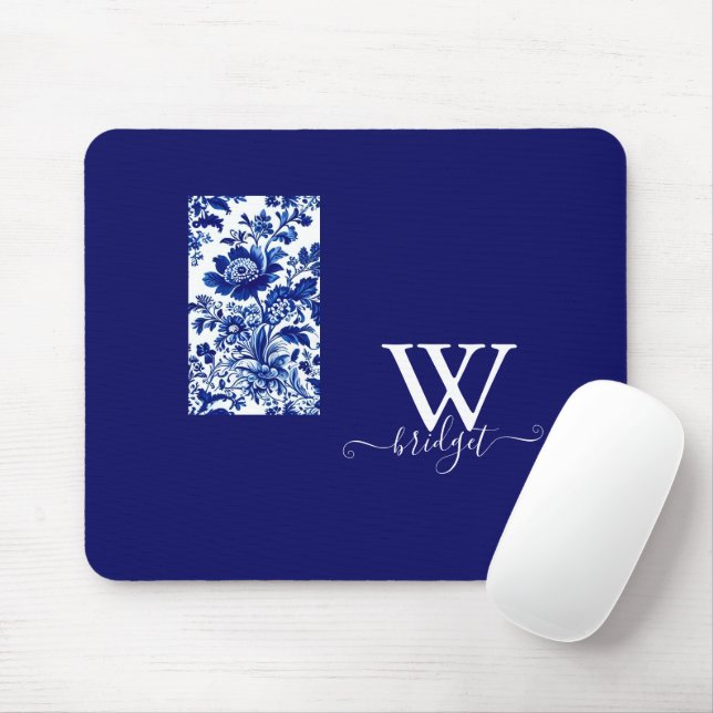 delft blue Vintage Modern Floral Mouse Pad (With Mouse)