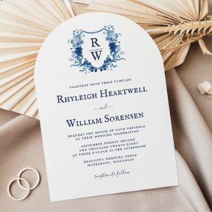 Delft Blue Watercolor Monogram Crest Arch Wedding Invitation