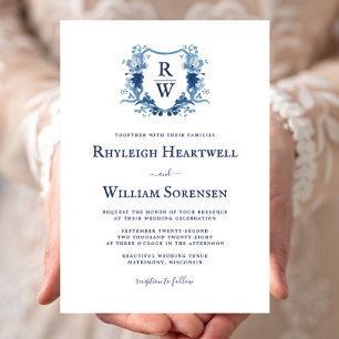 Delft Blue Watercolor Monogram Crest Wedding Invitation
