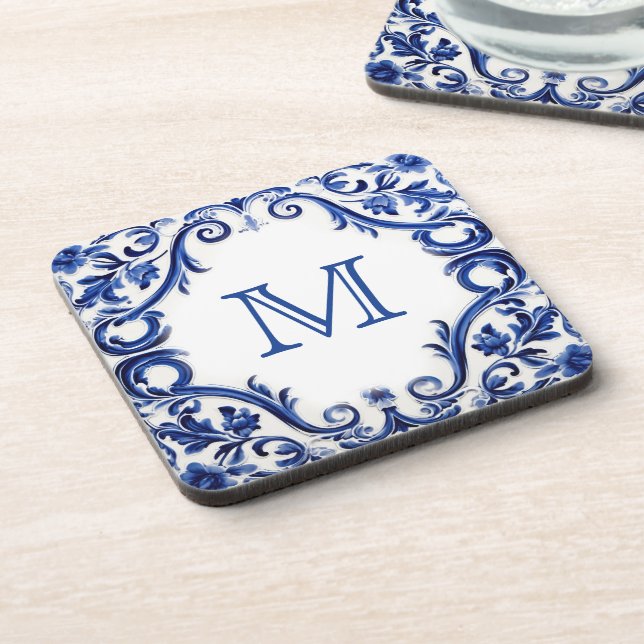 Delft blue wedding monogram  coaster (Left Side)