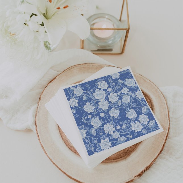 Delft Blue White Chinoiserie Bird Peonies Garden Napkin (Creator Uploaded)