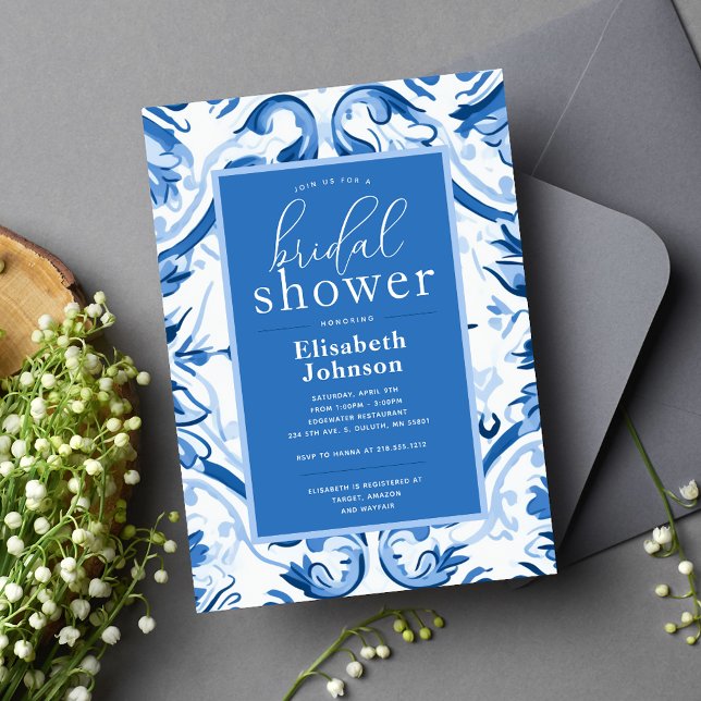 Delft Blue White Floral Modern Bridal Shower Invitation (Creator Uploaded)