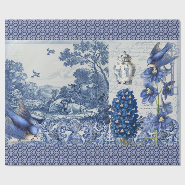 Delft Blue White Flower Bird Collage Decoupage Wrapping Paper (Flat)