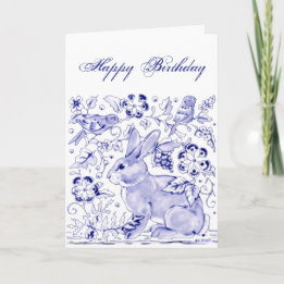 Delft Blue White Rabbit Birds Dedham Birthday Card
