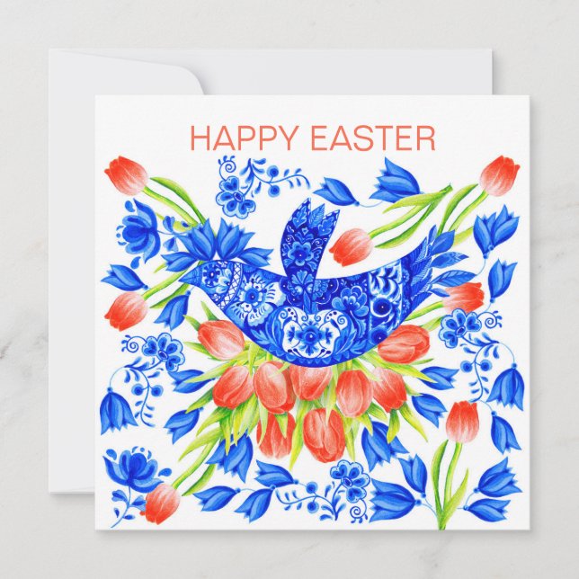 Delft Bluebird and Tulips Card (Front)