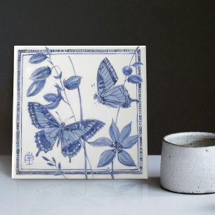 Delft Butterfly Floral Wall Decor Art Nouveau Tile