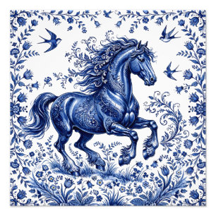 Delft Delftware Style Friesian Horse in Meadow Photo Print