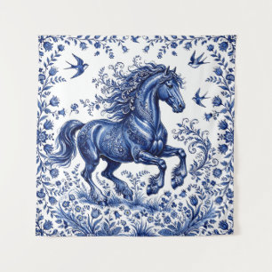 Delft Delftware Style Friesian Horse in Meadow Tapestry