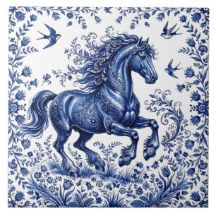 Delft Delftware Style Friesian Horse in Meadow Tile
