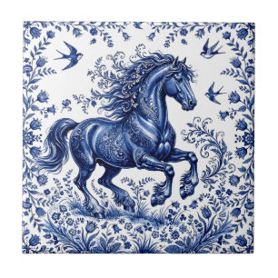 Delft Delftware Style Friesian Horse in Meadow Tile