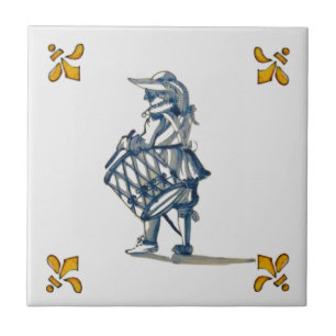 Delft Drummer Tile c 1890 in Blue, Grey, & Yellow