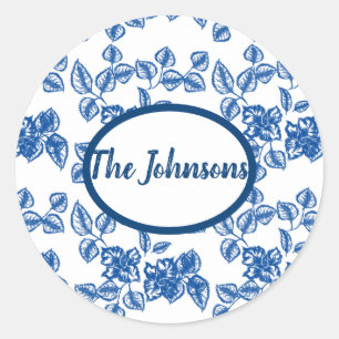 Delft-LIke Blue Floral Print Classic Round Sticker