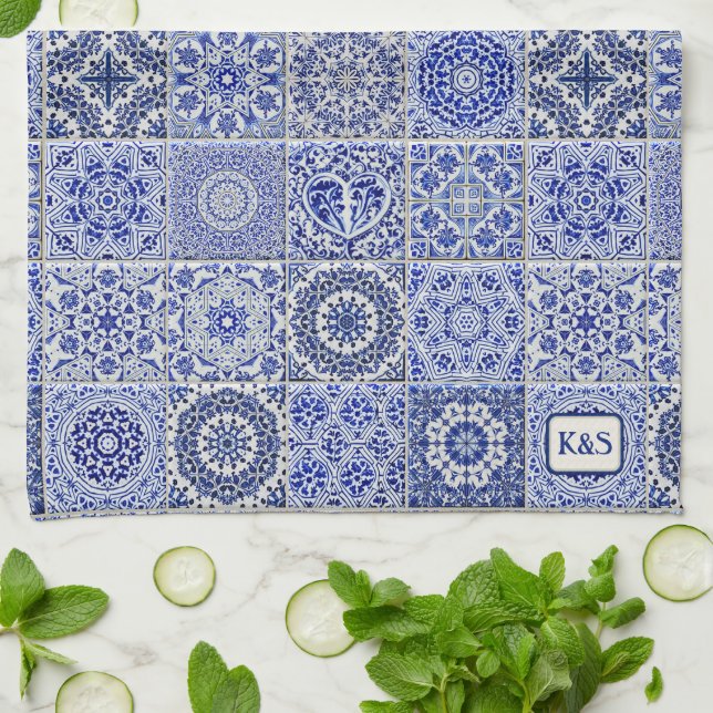 Delft Pottery Look Blue Tiles with their initials  Tea Towel (Folded)