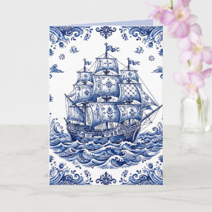 Delft Style Blue White Merchant Ship Card