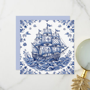 Delft Style Blue White Merchant Ship Thank You Card