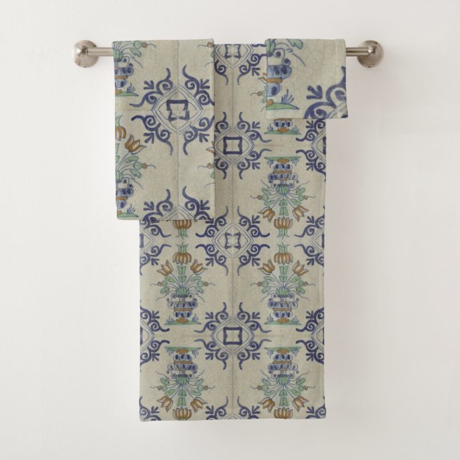 Delft Tile Antique Ceramic Flower Pot  Bath Towel Set (Insitu)