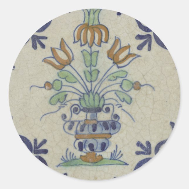 Delft Tile Antique Ceramic Flower Pot  Classic Round Sticker (Front)