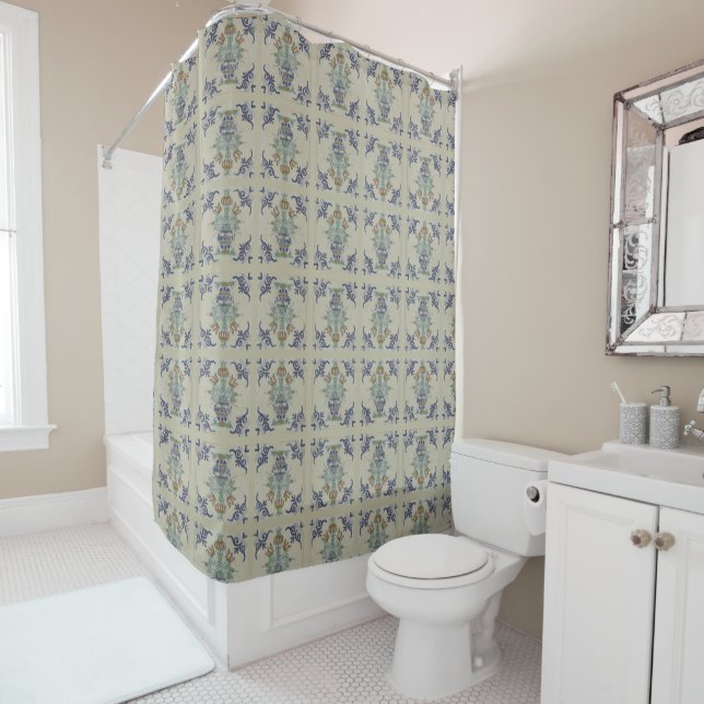 Delft Tile Antique Ceramic Flower Pot  Shower Curtain (In Situ)