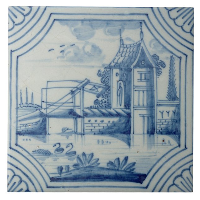 Delft tile showing a drawbridge over a canal, 19th (Front)