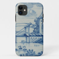 Delft tile showing a drawbridge over a canal, 19th