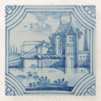 Delft tile showing a drawbridge over a canal, 19th