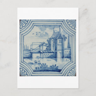 Delft tile showing a drawbridge over a canal, 19th postcard