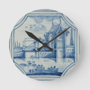 Delft tile showing a drawbridge over a canal, 19th round clock