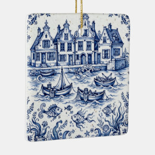 Delft Town & Fishing Harbour Cobalt Blue White Ceramic Ornament