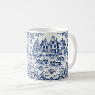 Delft Town & Fishing Harbour Cobalt Blue White Coffee Mug