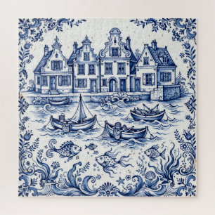 Delft Town & Fishing Harbour Cobalt Blue White Jigsaw Puzzle