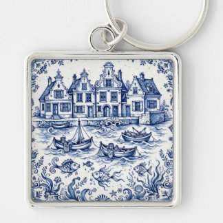 Delft Town & Fishing Harbour Cobalt Blue White  Key Ring