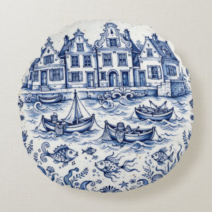 Delft Town & Fishing Harbour Cobalt Blue White Round Cushion
