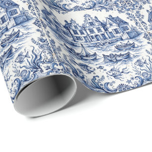 Delft Town & Fishing Harbour Cobalt Blue White Wrapping Paper