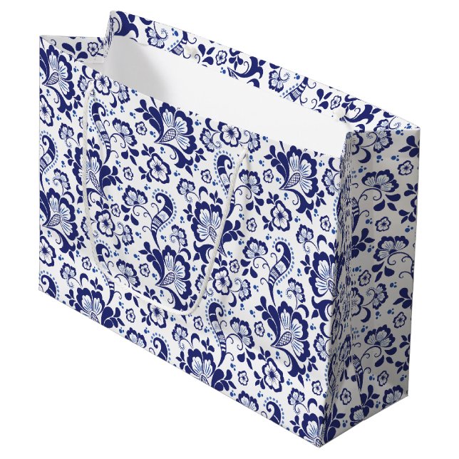 Delfts Blauw | Delft Blue Floral Dutch Wedding Large Gift Bag (Front Angled)