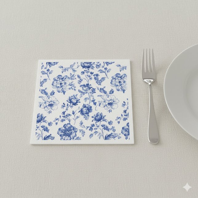 Delftware blue and white floral napkin (Light blue and white delftware style paper napkin.)